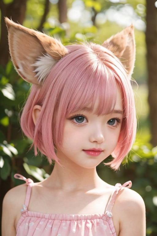 9yr cute little girl, short pink hair, leonin ear, puffy tail, cute face