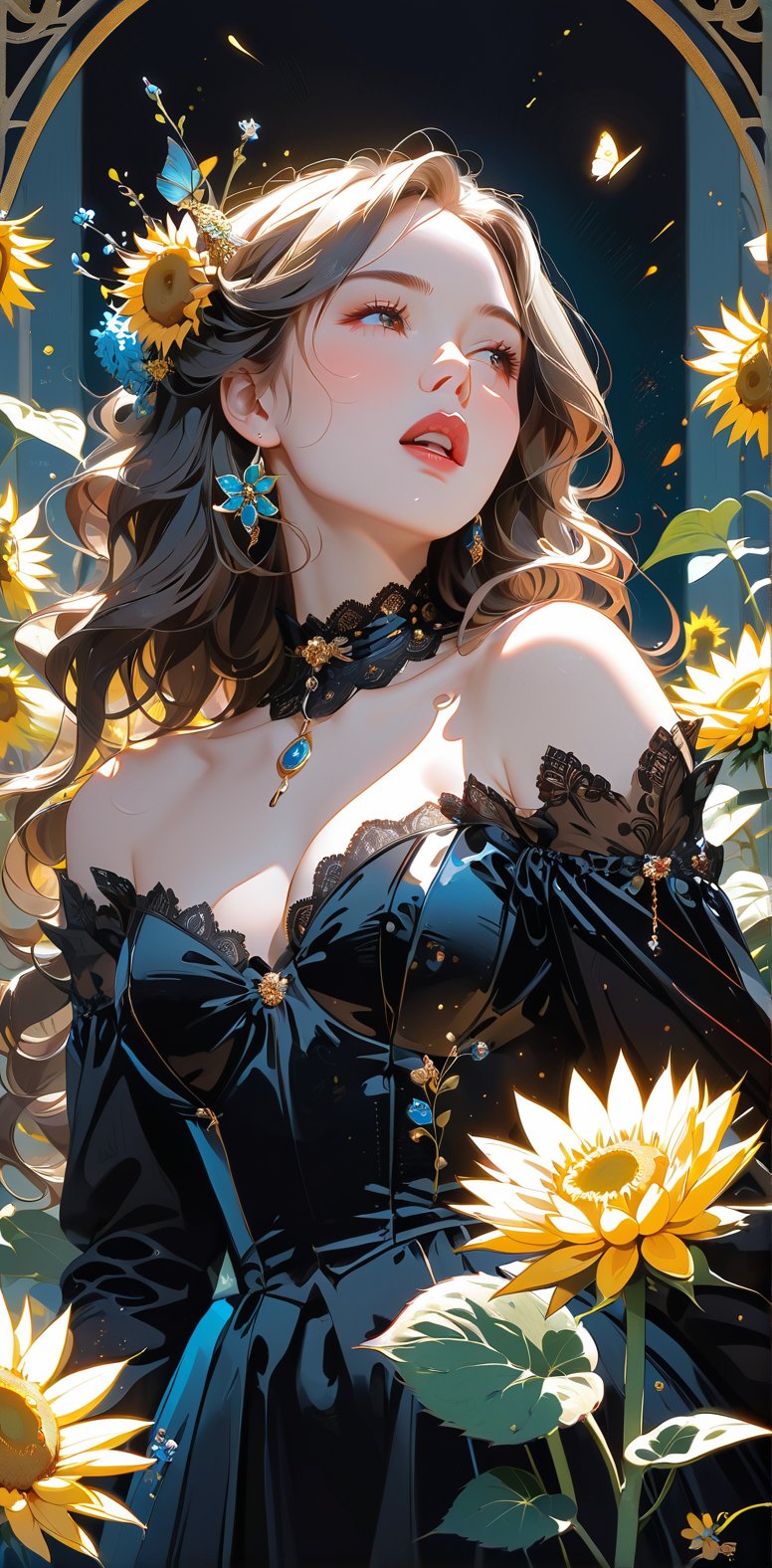 melancholic pastel art, 1 girl, gown (made of real flowers), beautiful, (mature:1.0), (curvy:1.0), (finedetails:1.2),(goth:0.9), ornamented cane,Expressiveh,dark theme,glitter,shiny, slightly open mouth