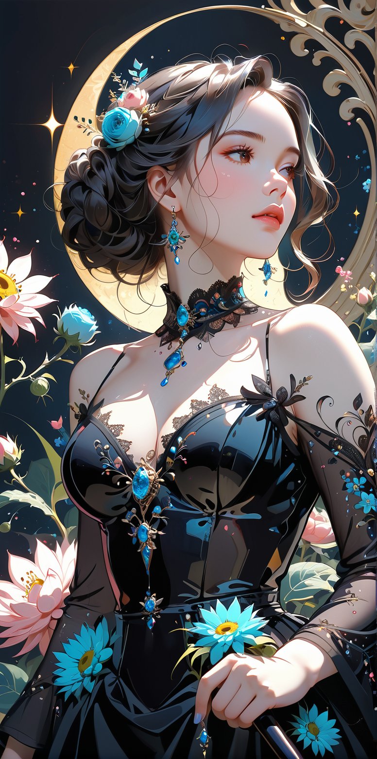 melancholic pastel art, 1 girl, gown (made of real flowers), beautiful, (mature:1.0), (curvy:1.0), (finedetails:1.2),(goth:0.9), ornamented cane,Expressiveh,dark theme,glitter,shiny, fractal