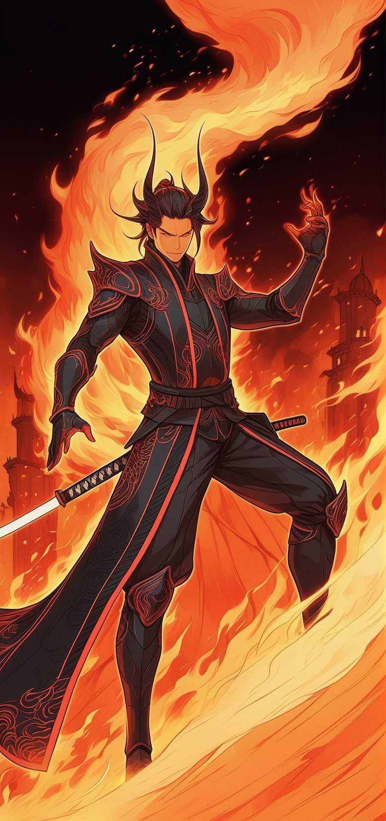 digital illustration, (masterpiece,absurdres, bestquality,),1guy, slight smile,in a futuristic samurai suit,(mature:1.2),vector art, vector line art, fine details,(lineartt:1.2),(anime:0.9),burning hell,dramatic pose,LegendDarkFantasy,