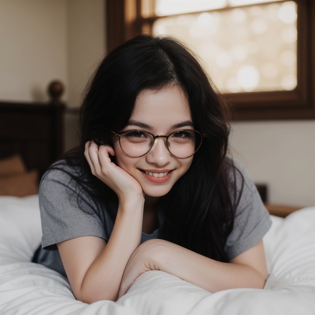 A tender moment in a cozy bedroom setting, a petite girl with messy hair, eye glasses perched on her nose, and a baggy shirt adorned with a sweet smile that lights up the space. Her facial features radiate beauty and cuteness, as if captured in a snapshot of pure joy. The soft focus and fine details bring an Extremely Realistic aesthetic to this Expressive portrait, inviting the viewer into her intimate world.