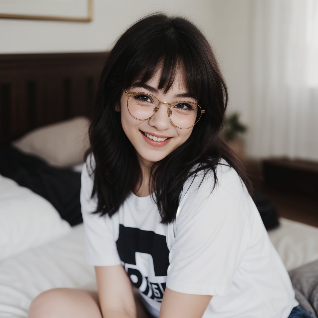 A tender moment in a cozy bedroom setting, a petite girl with messy hair, eye glasses perched on her nose, and a baggy shirt adorned with a sweet smile that lights up the space. Her facial features radiate beauty and cuteness, as if captured in a snapshot of pure joy. The soft focus and fine details bring an Extremely Realistic aesthetic to this Expressive portrait, inviting the viewer into her intimate world.