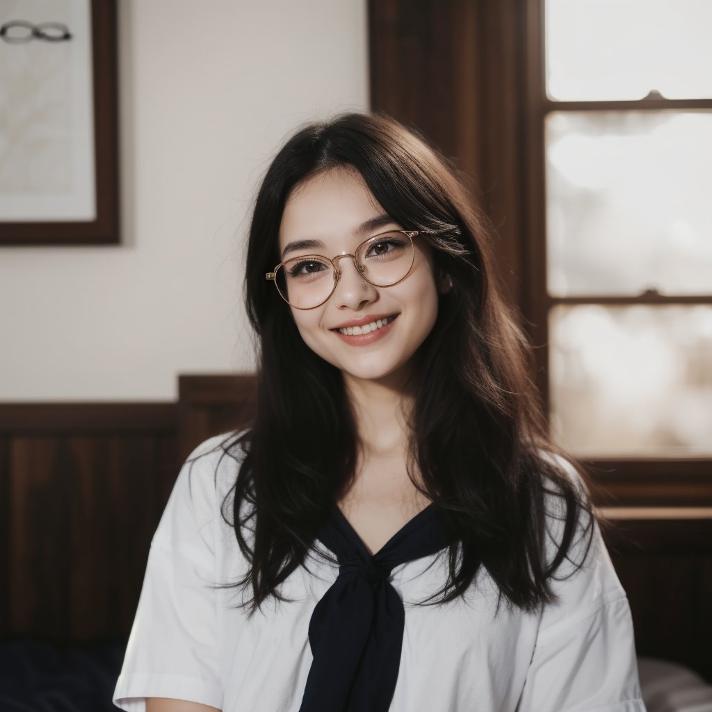 A tender moment in a cozy bedroom setting, a petite girl with messy hair, eye glasses perched on her nose, and a baggy shirt adorned with a sweet smile that lights up the space. Her facial features radiate beauty and cuteness, as if captured in a snapshot of pure joy. The soft focus and fine details bring an Extremely Realistic aesthetic to this Expressive portrait, inviting the viewer into her intimate world.