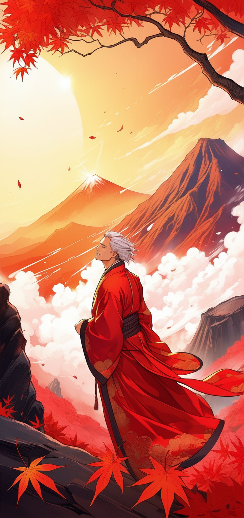 wide angle image,digital illustration, (masterpiece,absurdres, bestquality,),1guy, slight smile,in chinese robes,(mature:1.2),vector art, vector line art, (fine detail:1.2),(lineartt:1.2),(anime:0.9),(),fallingsakura leaves,mountains and volcanoes,LegendDarkFantasy,