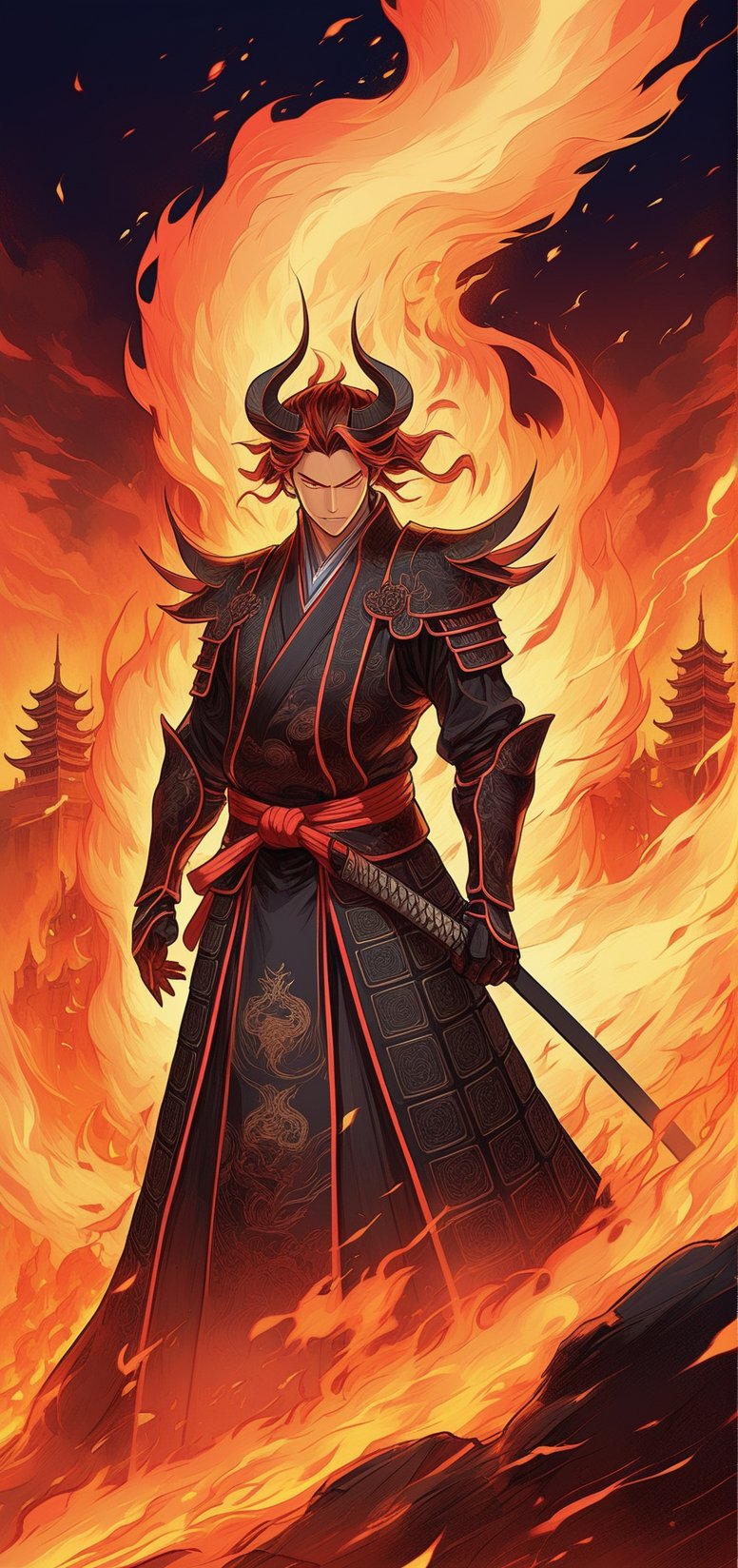 digital illustration, (masterpiece,absurdres, bestquality,),1guy, slight smile,in samurai suit,(mature:1.2),vector art, vector line art, fine details,(lineartt:1.2),(anime:0.9),burning hell,dramatic pose,LegendDarkFantasy,