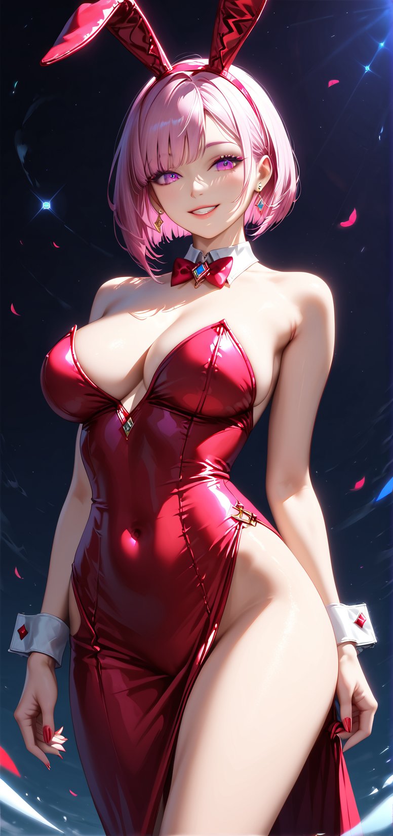 realistic, 1 girl, bob_cut, bunny dress, beautiful, (petite:1.0), (curvy:1.0), (finedetails:1.2),(sexy pose:0.9), ornamented cane, aluring smile,Expressiveh,concept art,dark theme