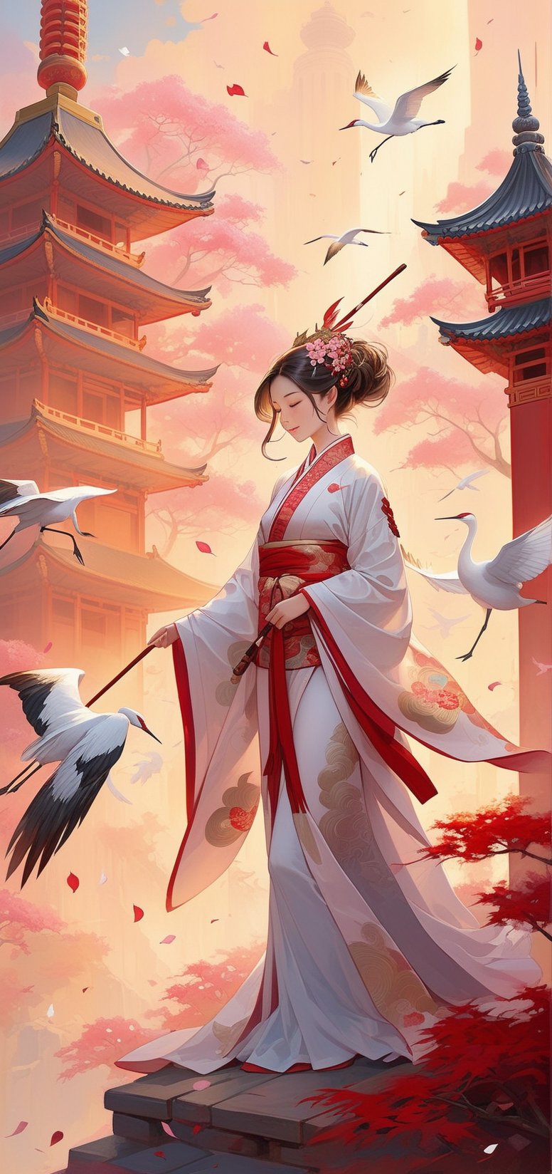 A grand, sweeping brushstroke painting captures the essence of a mystical world. A single, enigmatic girl stands amidst a sea of scattered ink, her subtle smile hinting at secrets kept. She wears exquisite Chinese robes adorned with majestic cranes, their intricate embroidery shimmering in the soft, golden light. The air is crisp, with falling sakura leaves gently drifting down like nature's confetti. In the distance, misty mountains and a serene pagoda rise, shrouded in an aura of LegendDarkFantasy.