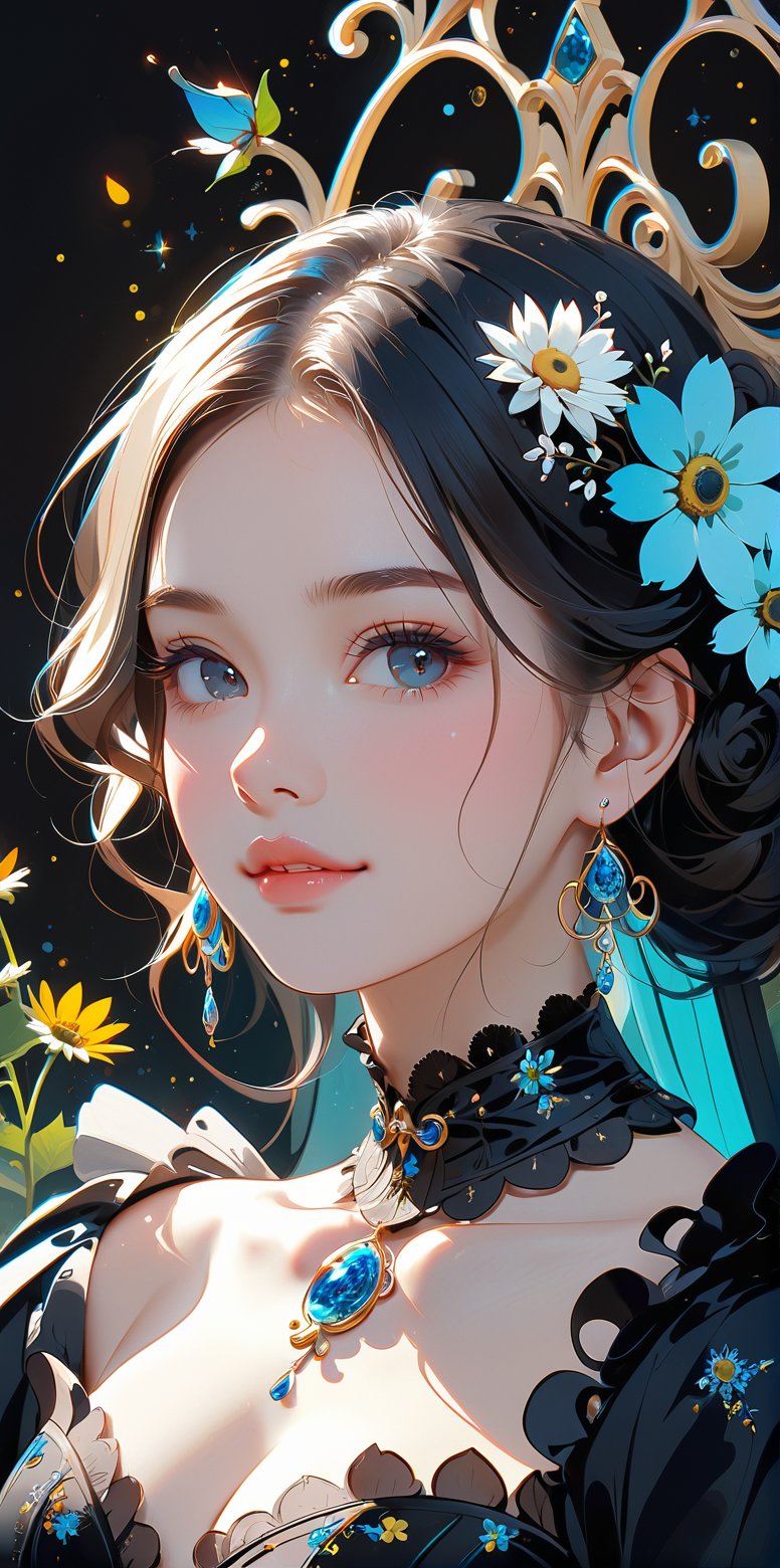 melancholic pastel art, 1 girl, gown (made of real flowers), beautiful, (petite:1.0), (curvy:1.0), (finedetails:1.2),(goth:0.9), ornamented cane,Expressiveh,dark theme,glitter,shiny, simple smile, fractal