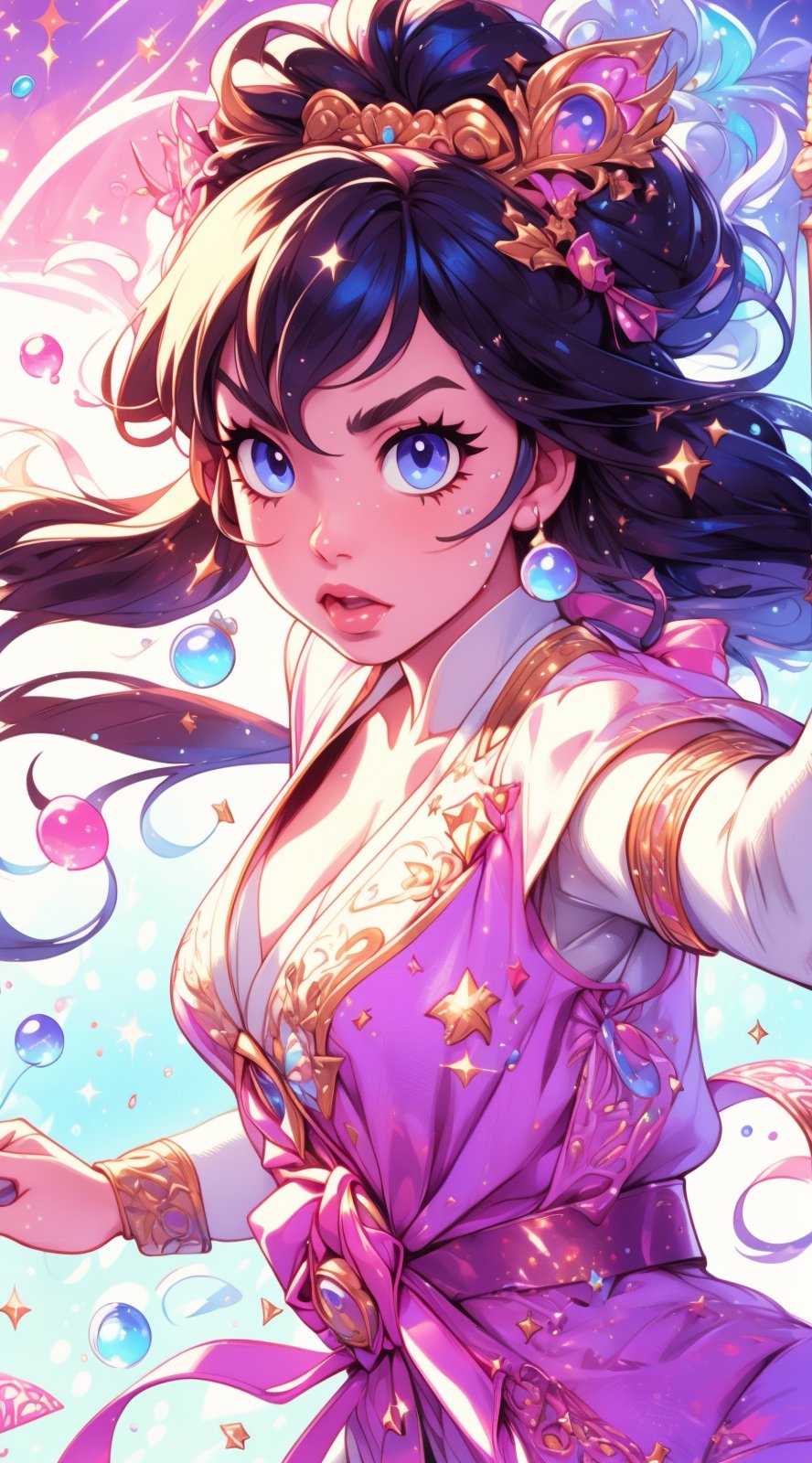 portrait,1 girl, fierce face,menpo, sexy karate gi,nyantcha style,Rococo style, glitter,shiny,splashing, water droplets,DonM0m3g4