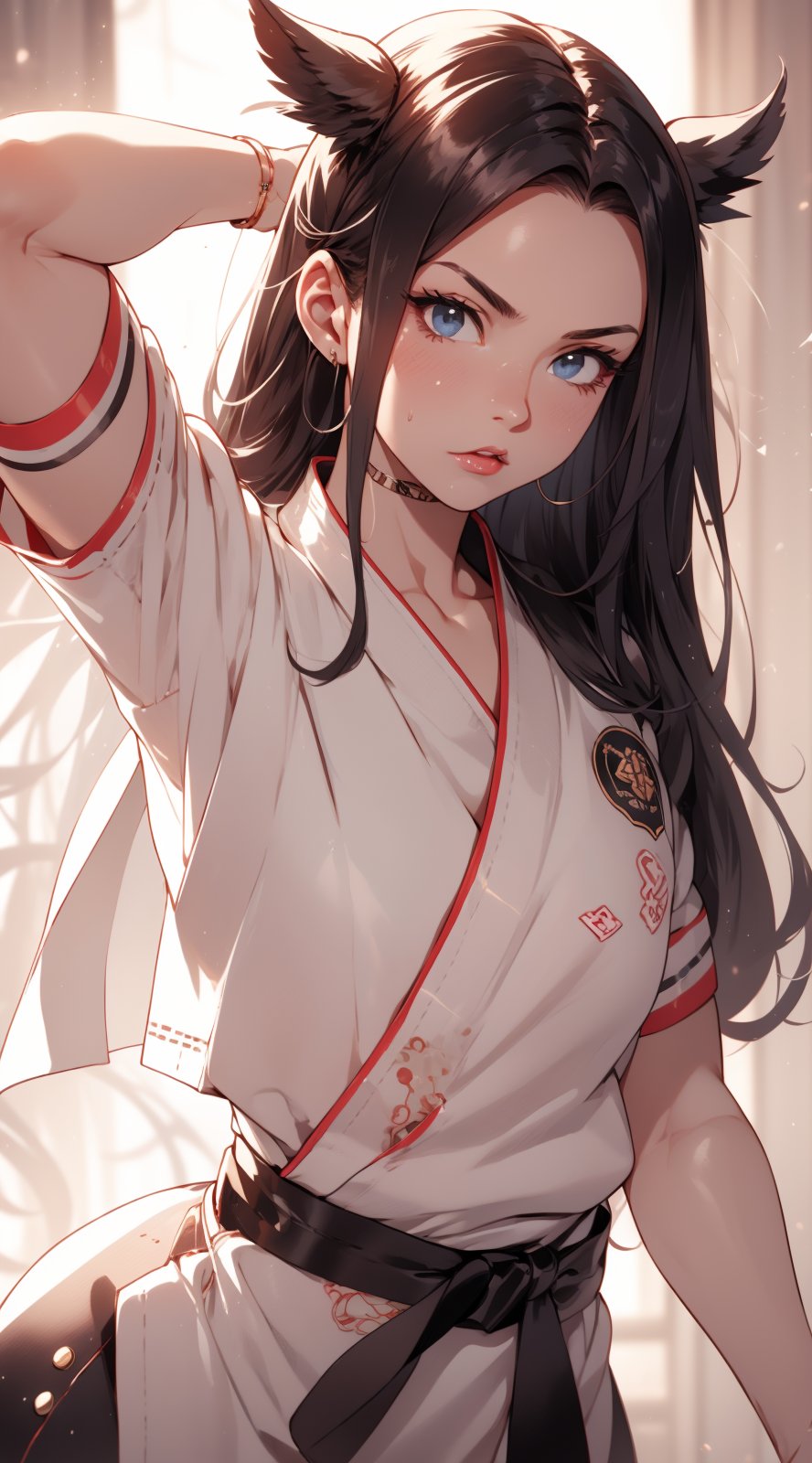 portrait,1 girl, fierce face,menpo, sexy karate gi,nyantcha style