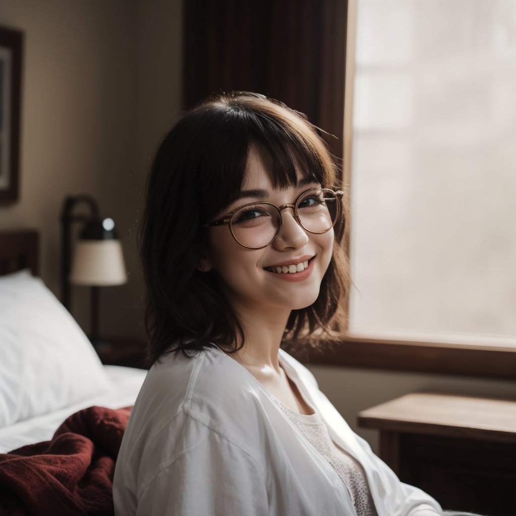 A tender moment in a cozy bedroom setting, a petite girl with messy hair, eye glasses perched on her nose, and a baggy shirt adorned with a sweet smile that lights up the space. Her facial features radiate beauty and cuteness, as if captured in a snapshot of pure joy. The soft focus and fine details bring an Extremely Realistic aesthetic to this Expressive portrait, inviting the viewer into her intimate world.