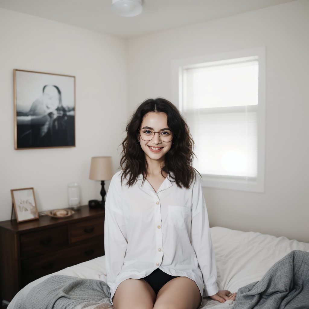 A tender moment in a cozy bedroom setting, a petite girl with messy hair, eye glasses perched on her nose, and a baggy shirt adorned with a sweet smile that lights up the space. Her facial features radiate beauty and cuteness, as if captured in a snapshot of pure joy. The soft focus and fine details bring an Extremely Realistic aesthetic to this Expressive portrait, inviting the viewer into her intimate world.