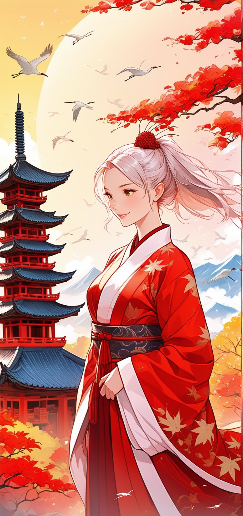 wide angle image,digital illustration, (masterpiece,absurdres, bestquality,),1girl, slight smile,in chinese robes embroidered with cranes,(mature:1.2),vector art, vector line art, (fine detail:1.2),(lineartt:1.2),(anime:0.9),(),fallingsakura leaves,mountains and pagoda,LegendDarkFantasy,