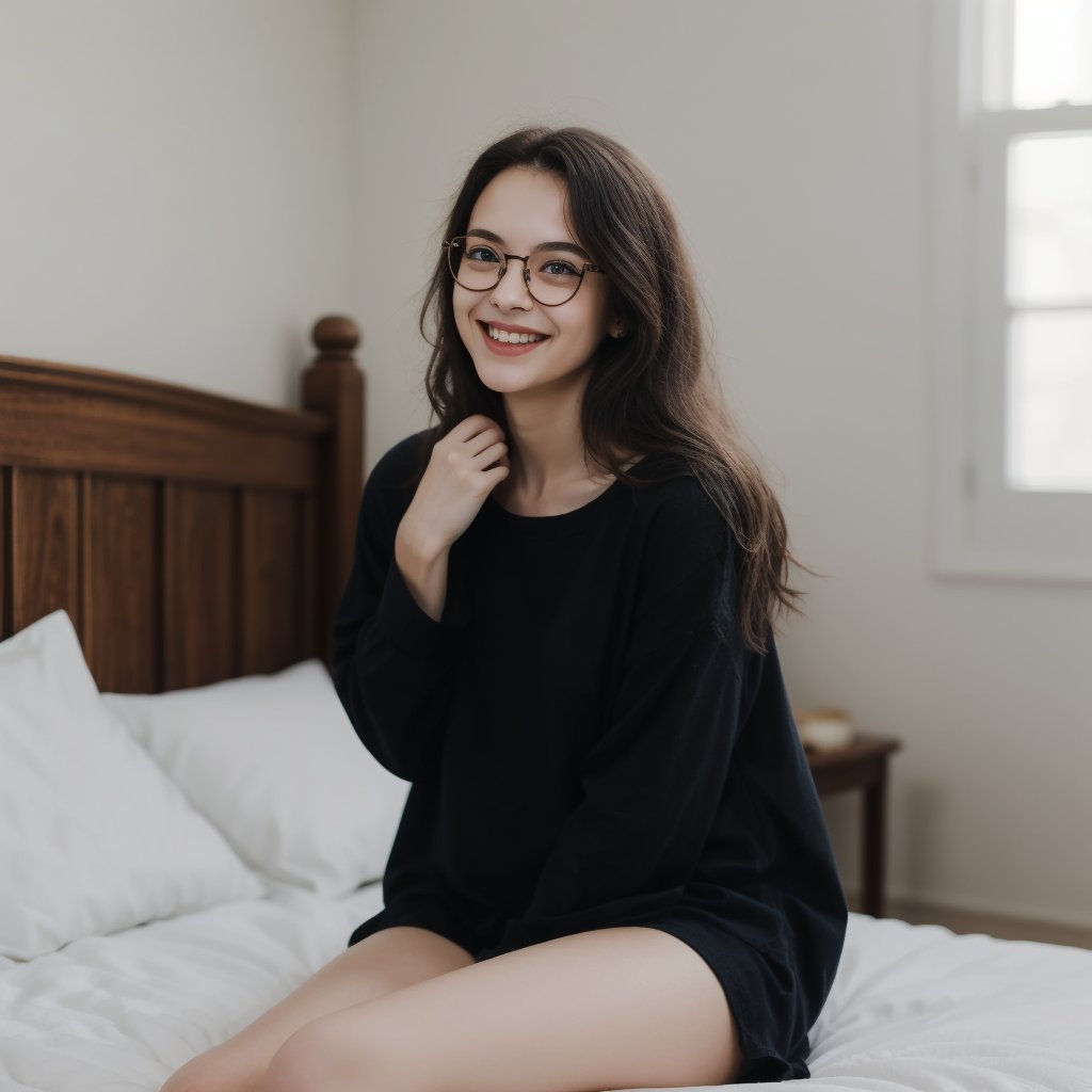 A tender moment in a cozy bedroom setting, a petite girl with messy hair, eye glasses perched on her nose, and a baggy shirt adorned with a sweet smile that lights up the space. Her facial features radiate beauty and cuteness, as if captured in a snapshot of pure joy. The soft focus and fine details bring an Extremely Realistic aesthetic to this Expressive portrait, inviting the viewer into her intimate world.