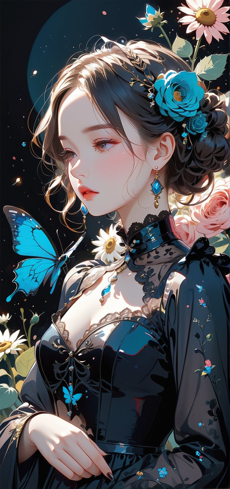 melancholic pastel art, 1 girl, gown (made of real flowers), beautiful, (petite:1.0), (curvy:1.0), (finedetails:1.2),(goth:0.9), ornamented cane,Expressiveh,dark theme,glitter,shiny