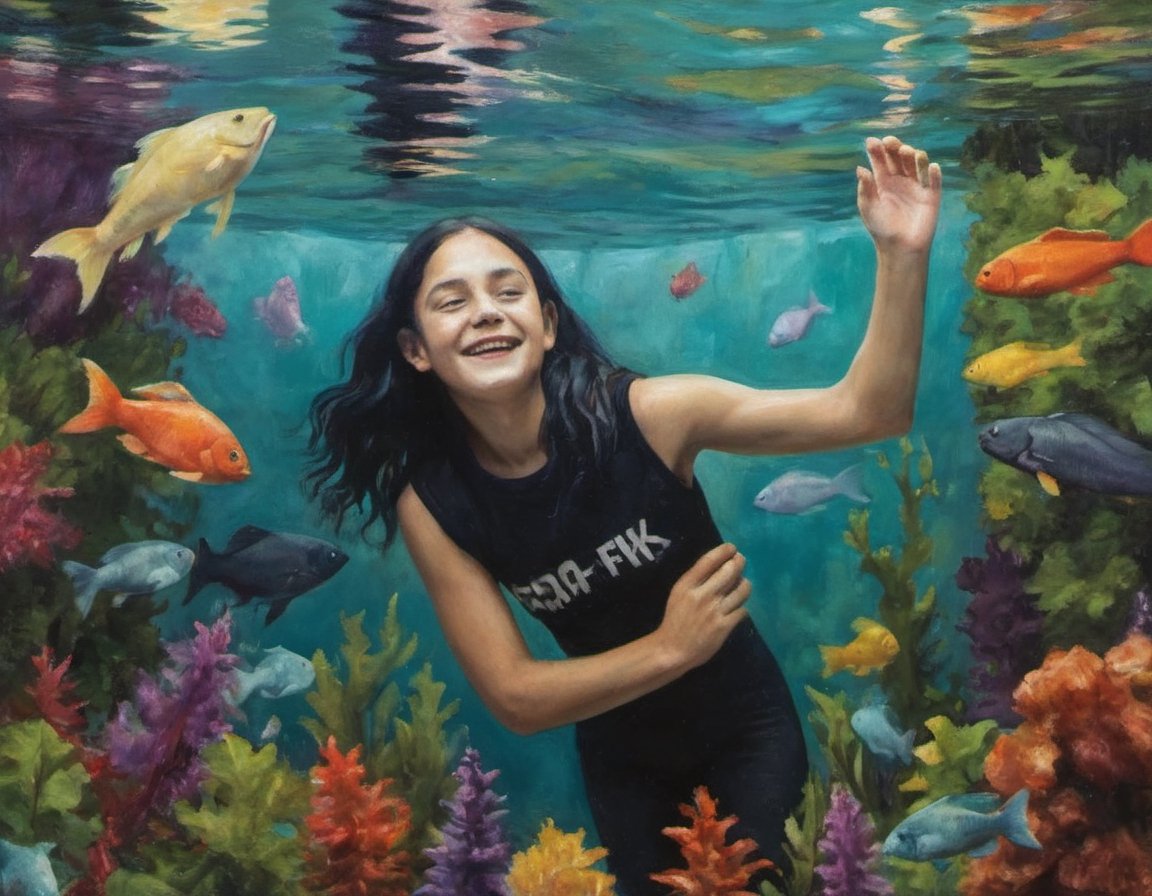 painting of a happy goth teenager swimming underwater and having fun amidst fish and colorful plants