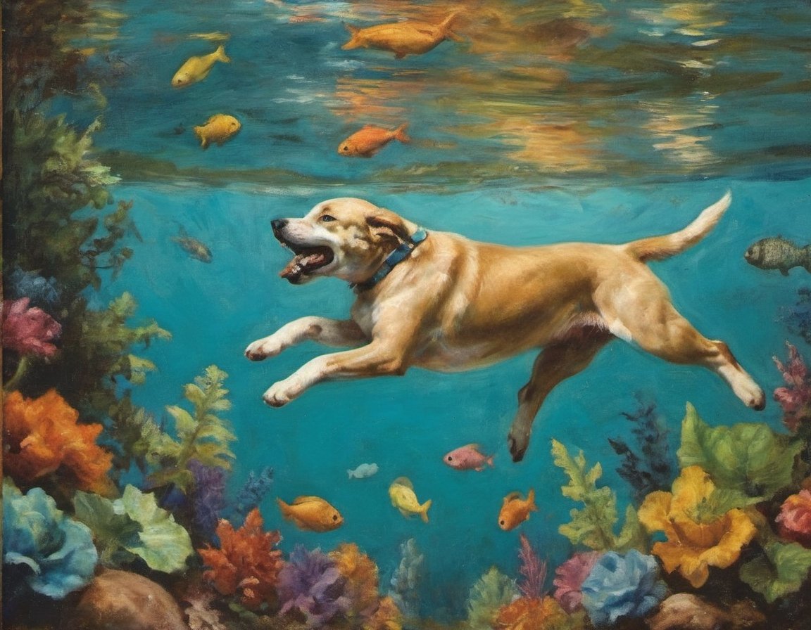 painting of a happy dog swimming underwater and having fun amidst fish and colorful plants