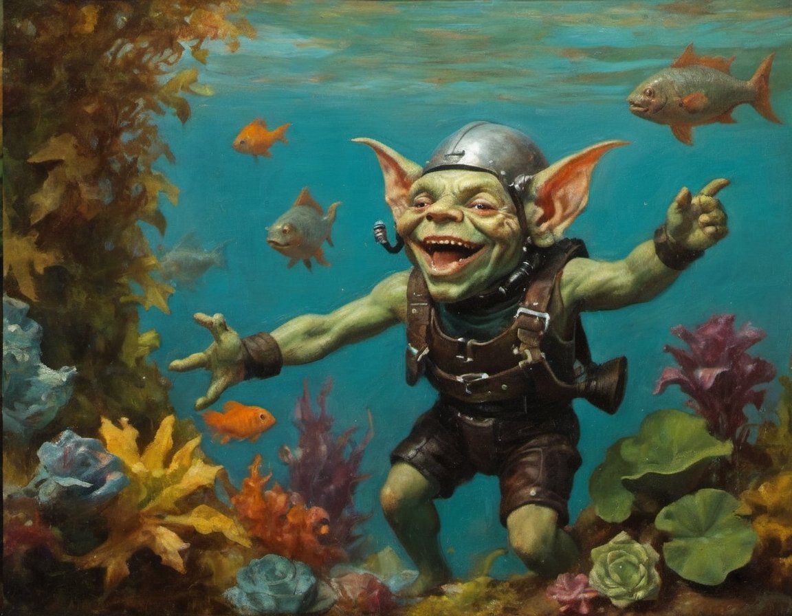 painting of a happy goblin in leather vest and metal helmet swimming underwater and having fun amidst fish and colorful plants