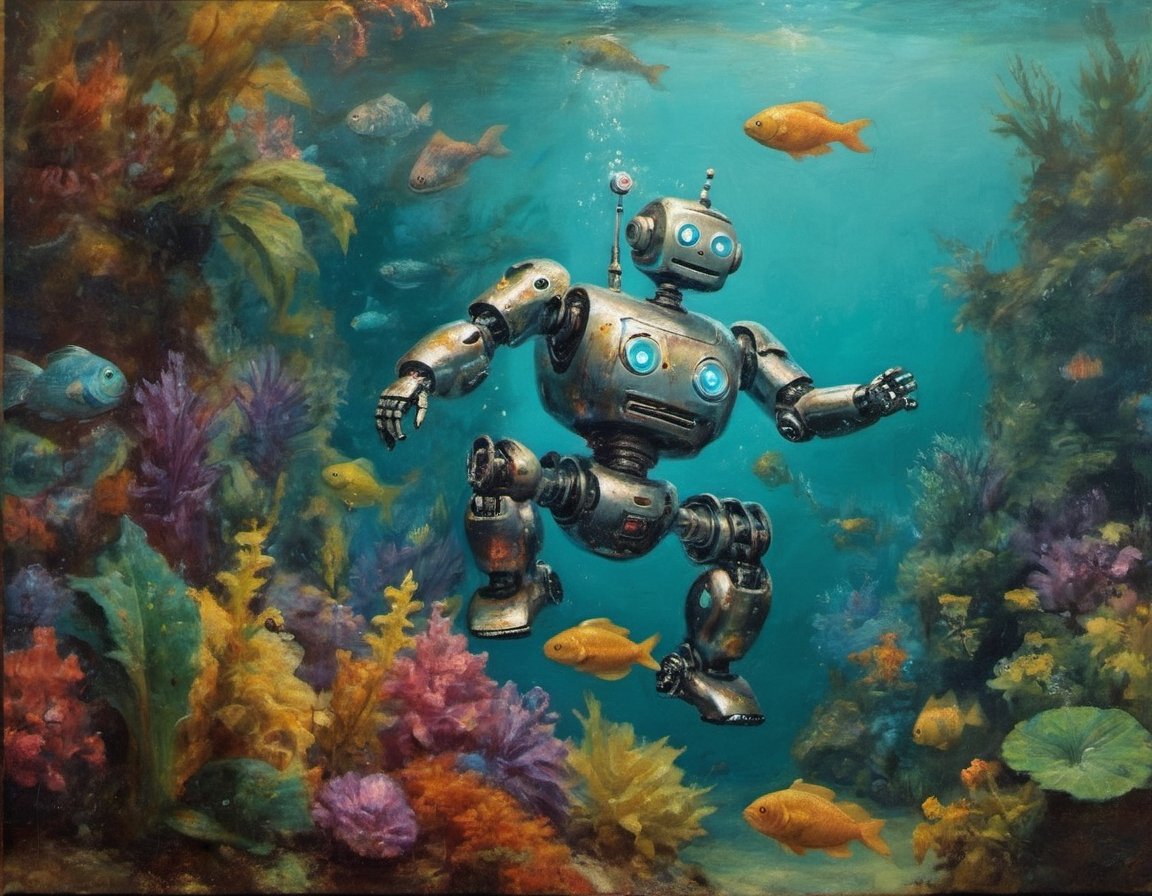 painting of a happy humanoid metallic robot swimming underwater and having fun amidst fish and colorful plants