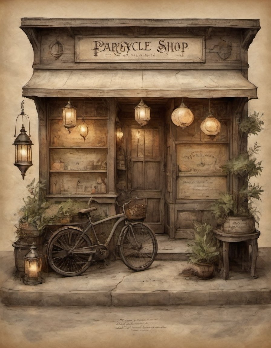 on parchment bicycle shop storefront ground vehicle paper lantern plant sign scenery by EldritchAdam on Tensor.Art