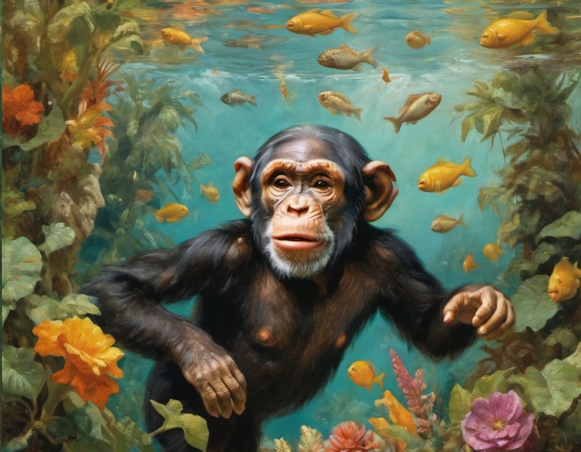 painting of a happy chimpanzee swimming underwater and having fun amidst fish and colorful plants