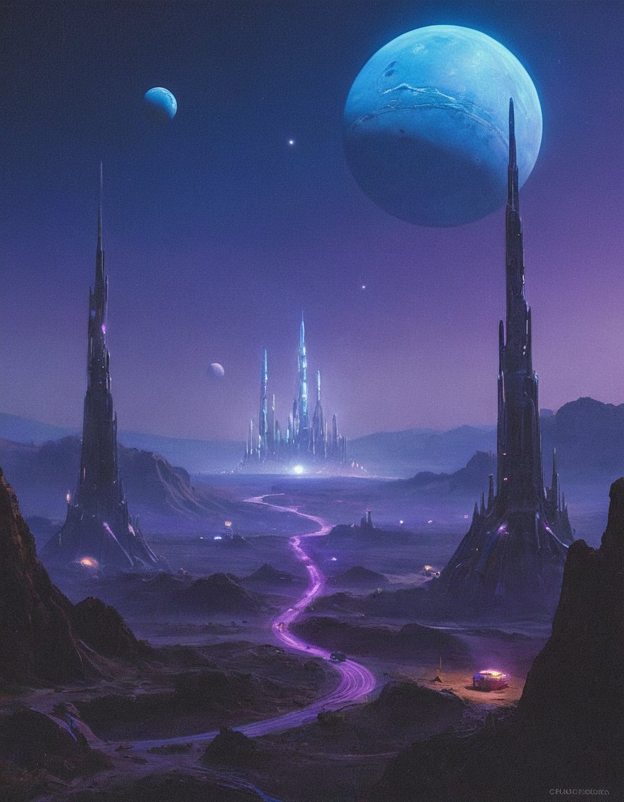 cinematic photography: street view from a distant alien planet,  where a sprawling colony of towering structures stretches...