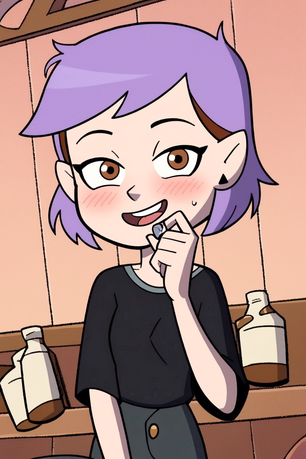 score_9, score_8_up, score_7_up, 1 teen girl, Amity Blight, short purple hair, messy hair, brown eyes, pointy, looking at viewer, drunk, blushing, cartoon