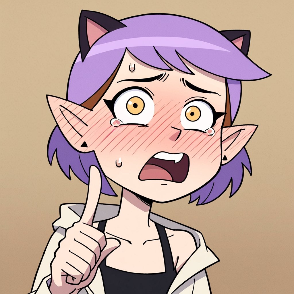 score_9, score_8_up, score_7_up, 1 teen girl, Amity Blight, short purple hair, pointy ears, ears pointing down, white oversided open trenchcoat, black shirt, darkgrey oversided pants, yellow eyes, collarbone, bare shoulders, cat ears, full face blush, scared mouth, wide-eyed, constricted pupils , looking at viewer, cartoon,