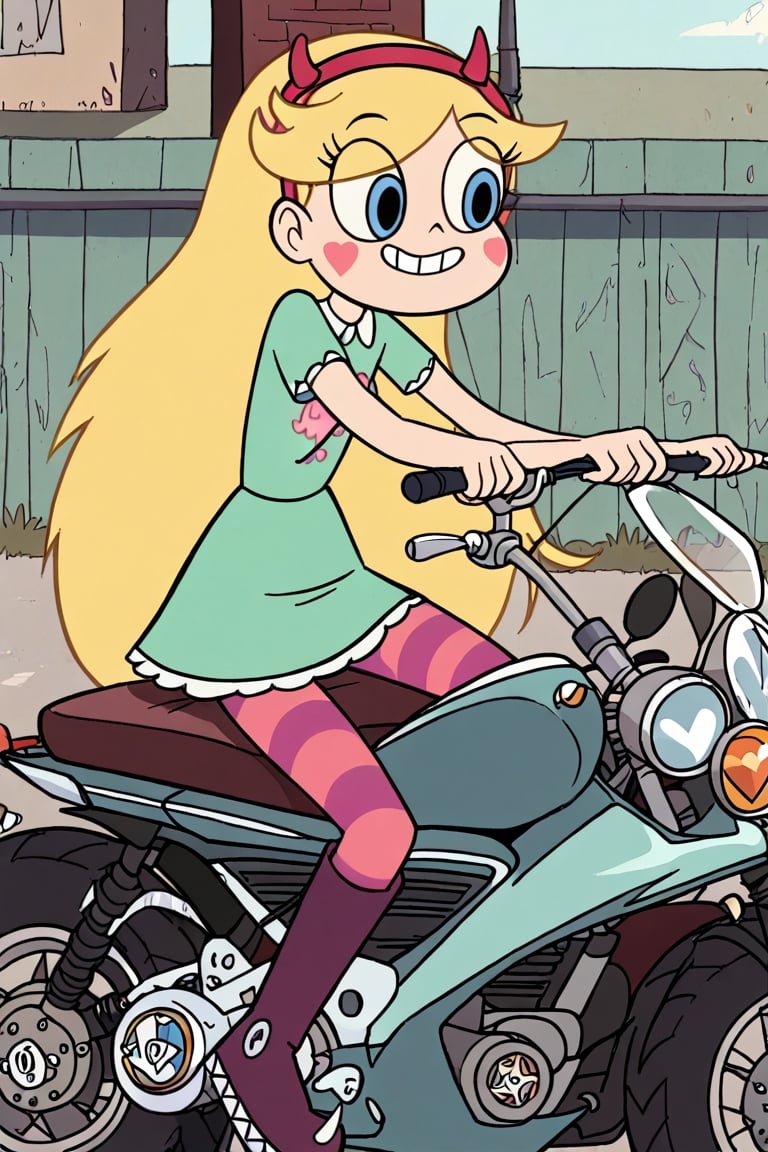  starbutterfly, 1girl, blonde hair, horned headwear, hairband, long hair, solo, teal dress, heart, blue eyes, facial mark, very long hair, boots, striped pantyhose, striped, sitting on a motorcycle, badass, driving, score_9, toon \(style\),STARBUTTERFLY