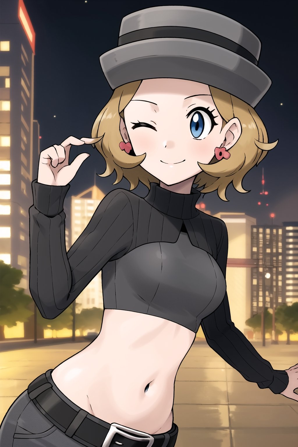 masterpiece, best quality, highres, ccserena, solo, short hair, (grey headwear:1.2), earrings, eyelashes, blue eyes, black open jacket, long sleeves, small breast, tits, belly, navel, light blue skinny jeans, black belt, smile, leaning forward, wink, one eye closed, one eye open, cityscape
cowboy shot, smile, outdoors