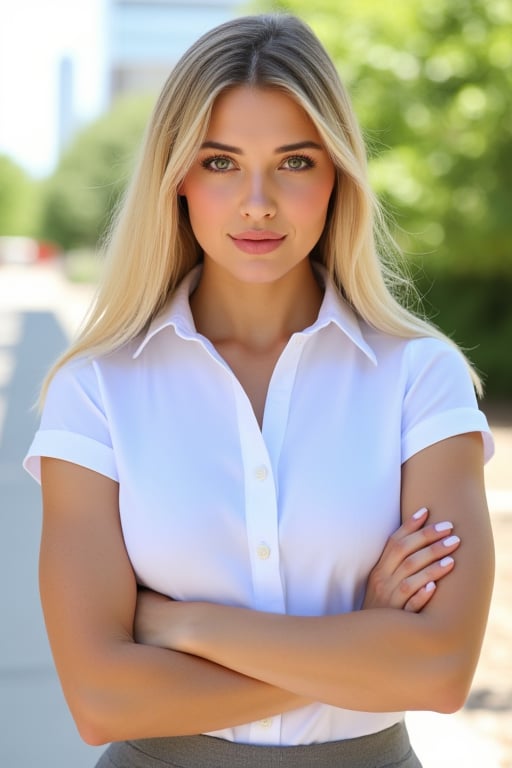 A very close up torso half body view portrait of a extremly fit shredded athletic 27 year old  extremely pale European female lawyer wearing a capsleeve white professional shirt, beautiful woman, standing facing the cameraman symmetrical, capsleeve professional top, law firm, portrait photo, she has both arms crossed, she is standing outside in sunny Sioux falls South Dakota, she has very pale white skin and blonde hair 

White girl

capsleeves are very wide, leaving her armpit skin fold fully visible and exposed, Cap sleeves are designed to cover the shoulder but not extend fully over the arm, often ending just past the shoulder. In this case, the woman's cap-sleeve gown is short enough that her armpits are visible. This could be due to the design of the shirt, or it could be a result of the pose she's striking. backlit