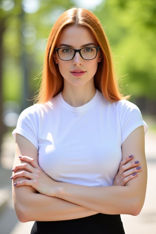 A very close up torso half body view portrait of a extremly fit shredded athletic youthful 27 year old eyeglasses wearing extremely pale ginger female lawyer wearing a capsleeve white professional shirt, beautiful woman, standing facing the cameraman symmetrical, capsleeve professional top, law firm, portrait photo, she has both arms crossed, she is standing outside in sunny Sioux falls South Dakota, she has long hair, wearing black eye glasses 

Very young youthful woman 

capsleeves are very wide, leaving her armpit skin fold fully visible and exposed, Cap sleeves are designed to cover the shoulder but not extend fully over the arm, often ending just past the shoulder. In this case, the woman's cap-sleeve gown is short enough that her armpits are visible. This could be due to the design of the shirt, or it could be a result of the pose she's striking. backlit