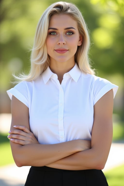 A very close up torso half body view portrait of a extremly fit shredded athletic 27 year old  extremely pale European female lawyer wearing a capsleeve white professional shirt, beautiful woman, standing facing the cameraman symmetrical, capsleeve professional top, law firm, portrait photo, she has both arms crossed, she is standing outside in sunny Sioux falls South Dakota, she has very pale white skin and blonde hair 

White girl

capsleeves are very wide, leaving her armpit skin fold fully visible and exposed, Cap sleeves are designed to cover the shoulder but not extend fully over the arm, often ending just past the shoulder. In this case, the woman's cap-sleeve gown is short enough that her armpits are visible. This could be due to the design of the shirt, or it could be a result of the pose she's striking. backlit