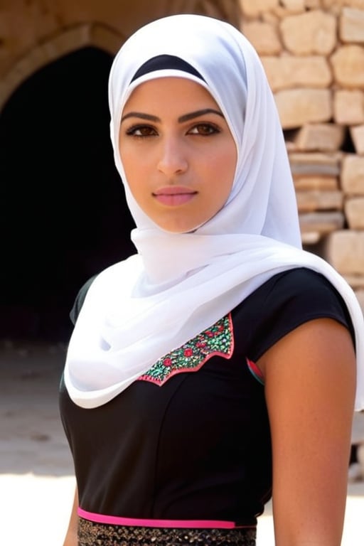 A close torso half body view portrait of athletic Palestinian woman wearing a capsleeve sleeveless capsleeve Islamic dress with rubble in the background, She is facing the viewer looking at the eyes of the viewer, Cap sleeves are designed to cover the shoulder but not extend fully over the arm, often ending just past the shoulder. In this case, the woman's cap-sleeve gown is short enough that her armpits are visible. This could be due to the design of the shirt, or it could be a result of the pose she's striking. backlit she has nice arms