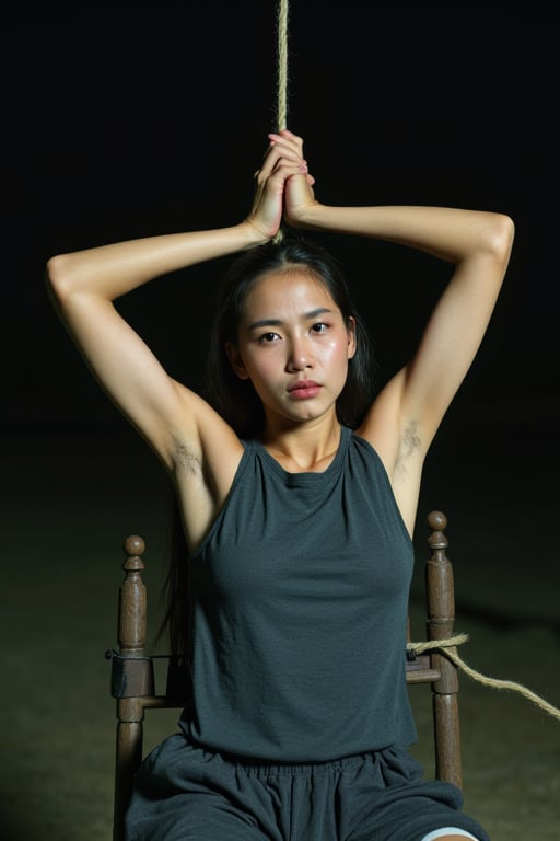 Closeup half body torso view, 1970s outdoor night time symmectreical portrait of an outdoor skinny but athletic extremely pale 1970s mongolian female prisoner wearing a dark gray sleevless shirt. Her armpits are sweating badly. She is tied down to the restraint chair in prison, with her arms tied very high to the ceiling. She is in a situation where she is strapped down to a prison chair with her arms raised by a rope. She is also wearing very loose, flappy, dark gray prison shorts. Also wearing long dark gray prison pants,  remember this photo is taken at night time, with a very bright flash shining on her body, she is very sweaty as well duet no air conditioning

she has very msucular arms, deep hollow armpits , very tight athelte body type