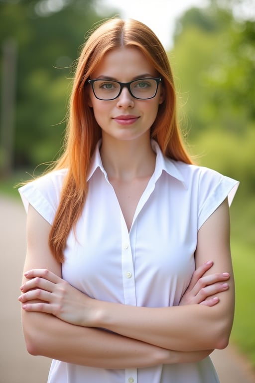 A very close up torso half body view portrait of a extremly fit shredded athletic youthful 27 year old eyeglasses wearing extremely pale ginger female federal attorney, wearing a capsleeve white professional shirt, beautiful woman, standing facing the cameraman symmetrical, capsleeve professional top, law firm, portrait photo, she has both arms crossed, she is standing outside in sunny Sioux falls South Dakota, she has long hair, wearing black eye glasses 

Very young youthful woman 

capsleeves are very wide, leaving her armpit skin fold fully visible and exposed, Cap sleeves are designed to cover the shoulder but not extend fully over the arm, often ending just past the shoulder. In this case, the woman's cap-sleeve gown is short enough that her armpits are visible. This could be due to the design of the shirt, or it could be a result of the pose she's striking. backlit