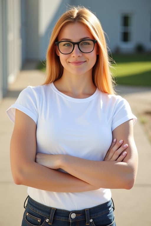 A very close up torso half body view portrait of a extremly fit shredded athletic youthful 27 year old eyeglasses wearing extremely pale ginger female lawyer wearing a capsleeve white professional shirt, beautiful woman, standing facing the cameraman symmetrical, capsleeve professional top, law firm, portrait photo, she has both arms crossed, she is standing outside in sunny Sioux falls South Dakota, she has long hair, wearing black eye glasses 

Very young youthful woman 

capsleeves are very wide, leaving her armpit skin fold fully visible and exposed, Cap sleeves are designed to cover the shoulder but not extend fully over the arm, often ending just past the shoulder. In this case, the woman's cap-sleeve gown is short enough that her armpits are visible. This could be due to the design of the shirt, or it could be a result of the pose she's striking. backlit