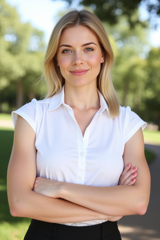 A very close up torso half body view portrait of a extremly fit shredded athletic 27 year old  extremely pale European female lawyer wearing a capsleeve white professional shirt, beautiful woman, standing facing the cameraman symmetrical, capsleeve professional top, law firm, portrait photo, she has both arms crossed, she is standing outside in sunny Sioux falls South Dakota, she has very pale white skin and blonde hair 

White girl

capsleeves are very wide, leaving her armpit skin fold fully visible and exposed, Cap sleeves are designed to cover the shoulder but not extend fully over the arm, often ending just past the shoulder. In this case, the woman's cap-sleeve gown is short enough that her armpits are visible. This could be due to the design of the shirt, or it could be a result of the pose she's striking. backlit