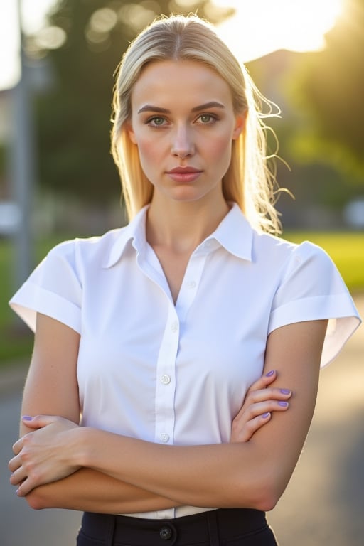 A very close up torso half body view portrait of a extremly fit shredded athletic 27 year old  extremely pale European female lawyer wearing a capsleeve white professional shirt, beautiful woman, standing facing the cameraman symmetrical, capsleeve professional top, law firm, portrait photo, she has both arms crossed, she is standing outside in sunny Sioux falls South Dakota, she has very pale white skin and blonde hair 

White girl

capsleeves are very wide, leaving her armpit skin fold fully visible and exposed, Cap sleeves are designed to cover the shoulder but not extend fully over the arm, often ending just past the shoulder. In this case, the woman's cap-sleeve gown is short enough that her armpits are visible. This could be due to the design of the shirt, or it could be a result of the pose she's striking. backlit