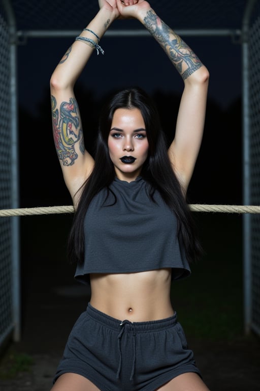 Closeup half body torso view, outdoor night time symmectreical portrait of an outdoor skinny but athletic extremely pale female prisoner wearing a dark gray sleevless shirt. Her armpits are sweating badly. She is tied down to the restraint chair in prison, with her arms tied very high to the ceiling. She is in a situation where she is strapped down to a prison chair with her arms raised by a rope. She is also wearing very loose, flappy, dark gray prison shorts. Also wearing long dark gray prison pants She has arm tattoos, long black colored hair, black lipstick, bright blue eyes, sleeve tattoos on both arms remember this photo is taken at night time, with a very bright flash shining on her body, she is very sweaty as well duet no air conditioning

she has very msucular arms, deep hollow armpits , very tight athelte body type