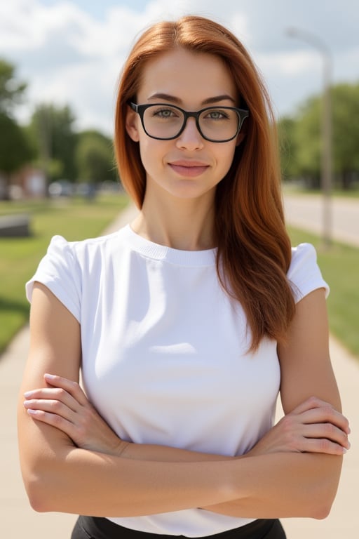 A very close up torso half body view portrait of a extremly fit shredded athletic youthful 27 year old eyeglasses wearing extremely pale ginger female federal attorney, wearing a capsleeve white professional shirt, beautiful woman, standing facing the cameraman symmetrical, capsleeve professional top, law firm, portrait photo, she has both arms crossed, she is standing outside in sunny Sioux falls South Dakota, she has long hair, wearing black eye glasses 

Very young youthful woman 

capsleeves are very wide, leaving her armpit skin fold fully visible and exposed, Cap sleeves are designed to cover the shoulder but not extend fully over the arm, often ending just past the shoulder. In this case, the woman's cap-sleeve gown is short enough that her armpits are visible. This could be due to the design of the shirt, or it could be a result of the pose she's striking. backlit