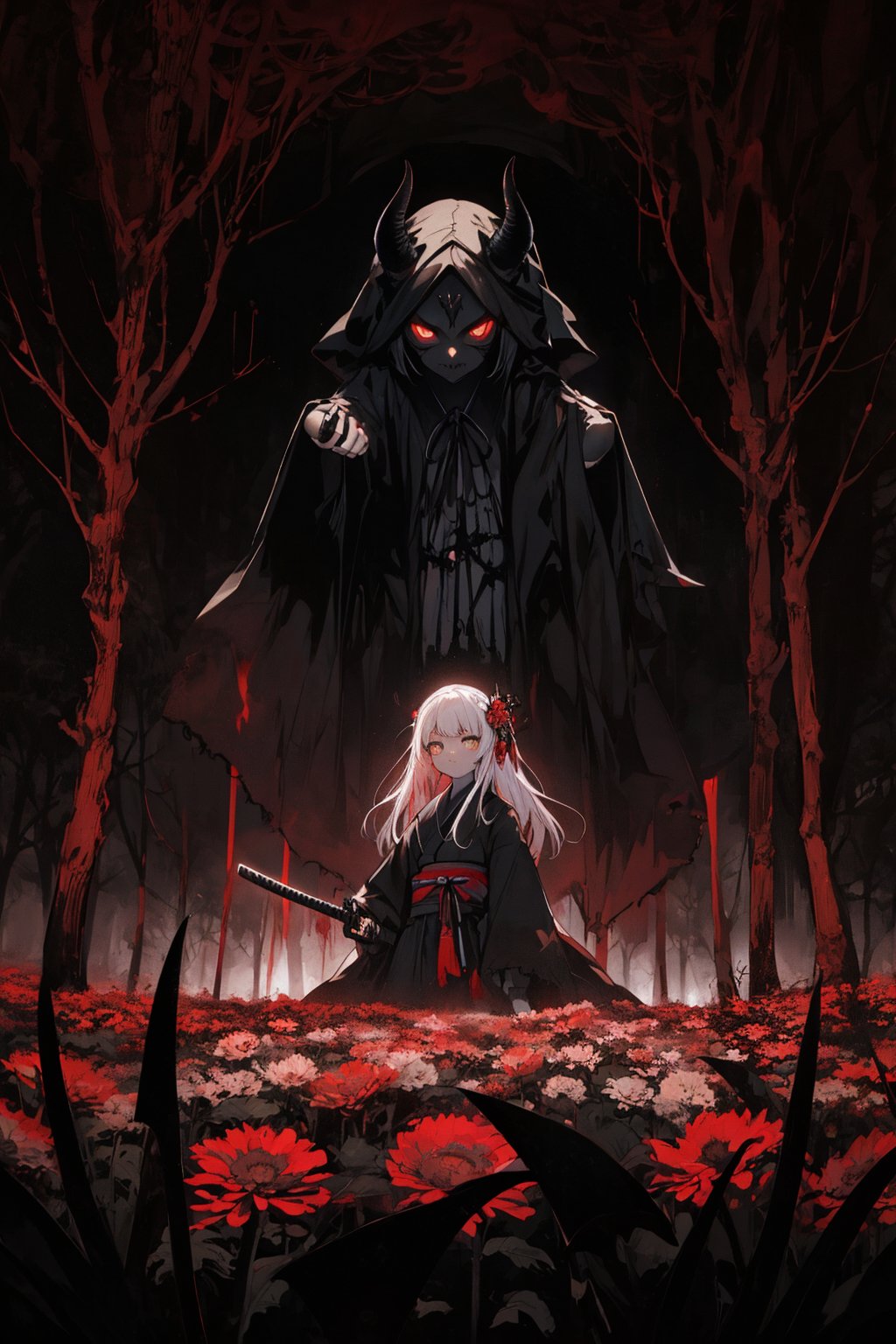(ethereal dark fairy tale by Nicola Samori,  JC Leyendecker),  young anime girl fight stance in a dark forest holding shea...