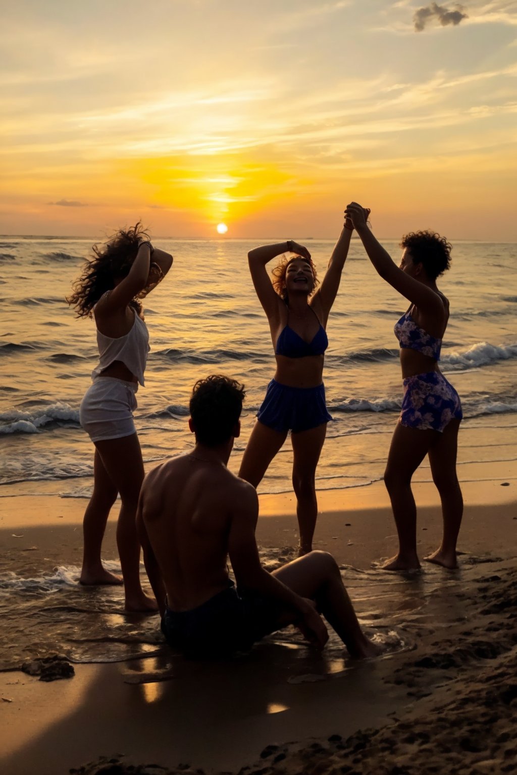 A group of young people dancing joyfully on a beautiful beach at sunset, with a golden glow on their faces. They sit on the sand, looking up at the sky with hopeful yet uncertain expressions, while the music from a distant, whimsical figure plays in the background. The scene captures the contrast between their carefree moments and the inevitable passage of time, with elements of water, heat, and music interwoven into the atmosphere