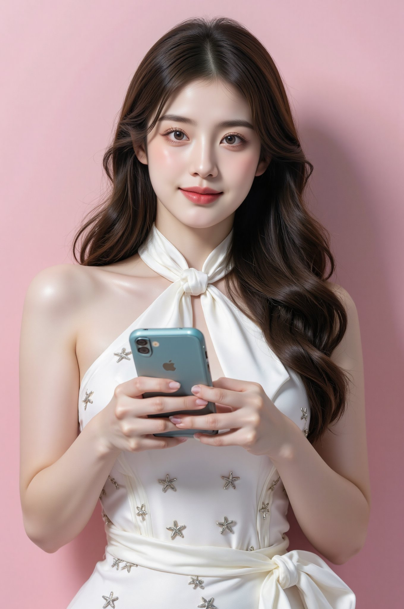 a woman standing in front of a pink wall holding a cell phone, tiktok 4 k uhd image, smiling fashion model face, south east asian with round face, mint higlights, mobile game asset, dark-toned product photos, official print, soft amazed smiles, with stars, wacky