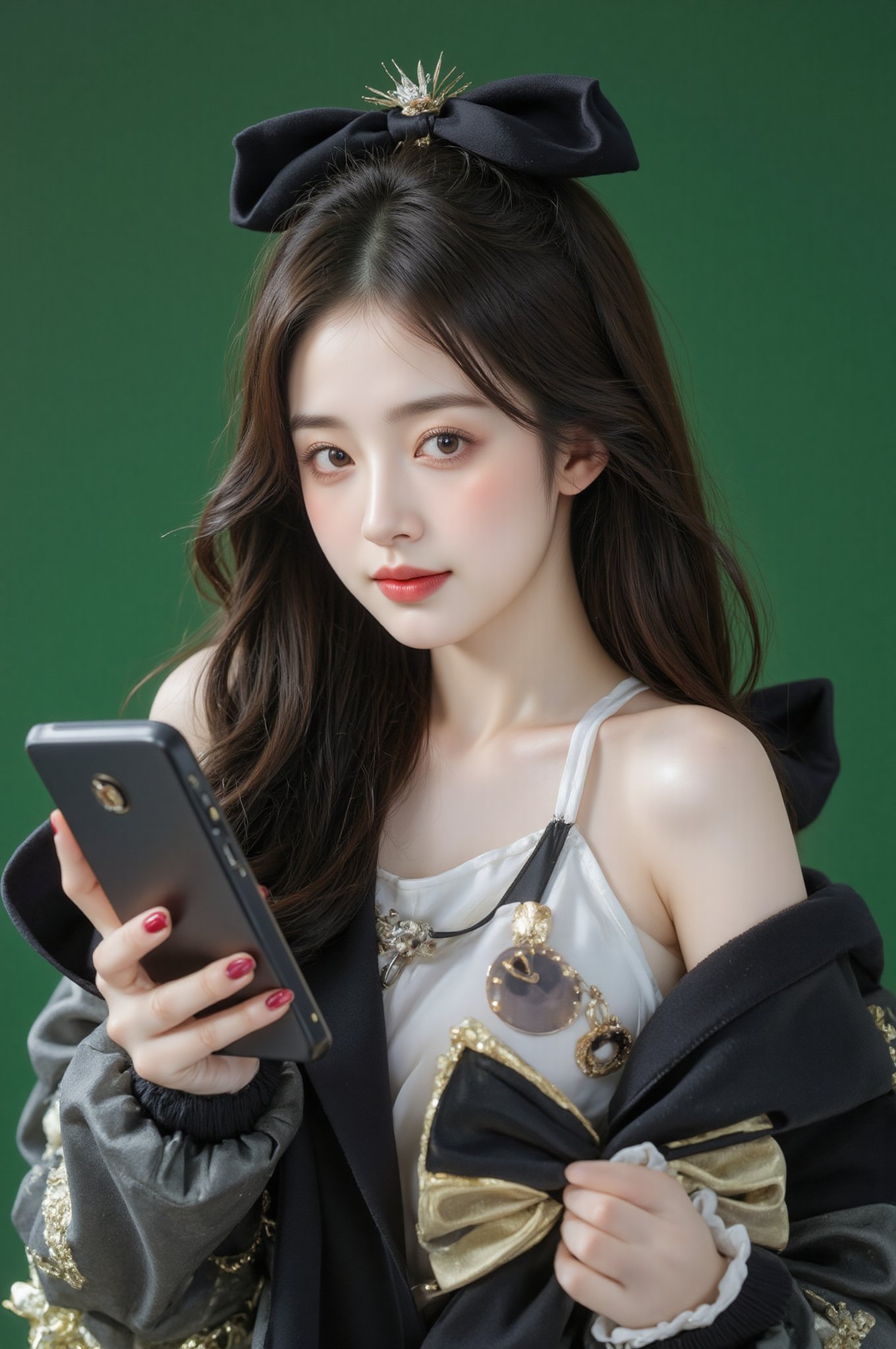 a woman standing in front of a green wall holding a cell phone, tiktok 4 k uhd image, smiling fashion model face, south east asian with round face, mint higlights, mobile game asset, dark-toned product photos, official print, soft amazed smiles, with stars, wacky, set orange.