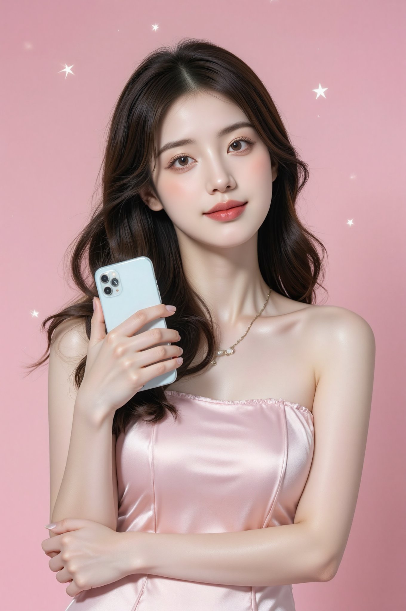 a woman standing in front of a pink wall holding a cell phone, tiktok 4 k uhd image, smiling fashion model face, south east asian with round face, mint higlights, mobile game asset, dark-toned product photos, official print, soft amazed smiles, with stars, wacky