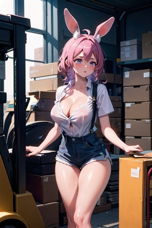 A bunny girl with pink hair and supple tanned skin wipes the sweat from her brow. Her uniform, a set of overalls shorts and a low necked button up work shirt that shows the cleavage of her large breasts, in perfect condition. Her thighs glisten with sweat and her fluffy rabbit ears remain upright at attention for anyone who may be in danger of being hit by her forklift. She rides a yellow forklift carrying a pallete of large boxes. Her muscular, toned arms glimmer with sweat as she sighs. All in a days work for a working bunny girl. full forklift. wearing workboots.