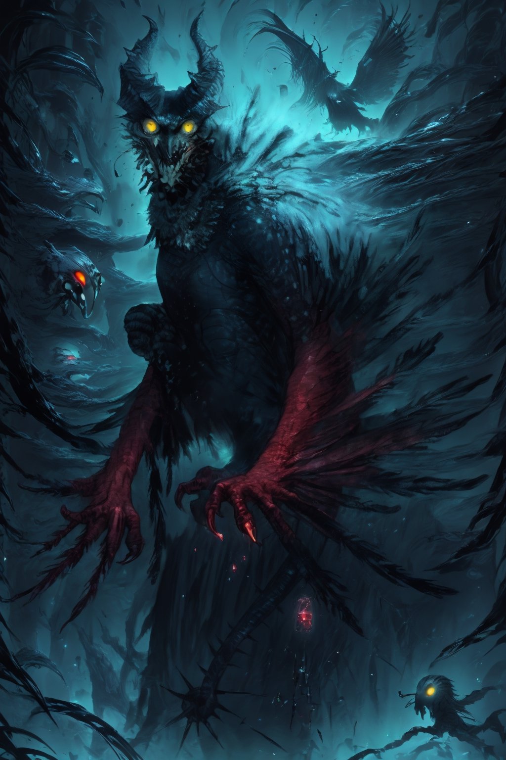 Owl demon, owl, monster, devil, final boss, detailed teeth, claws, detailed eyes