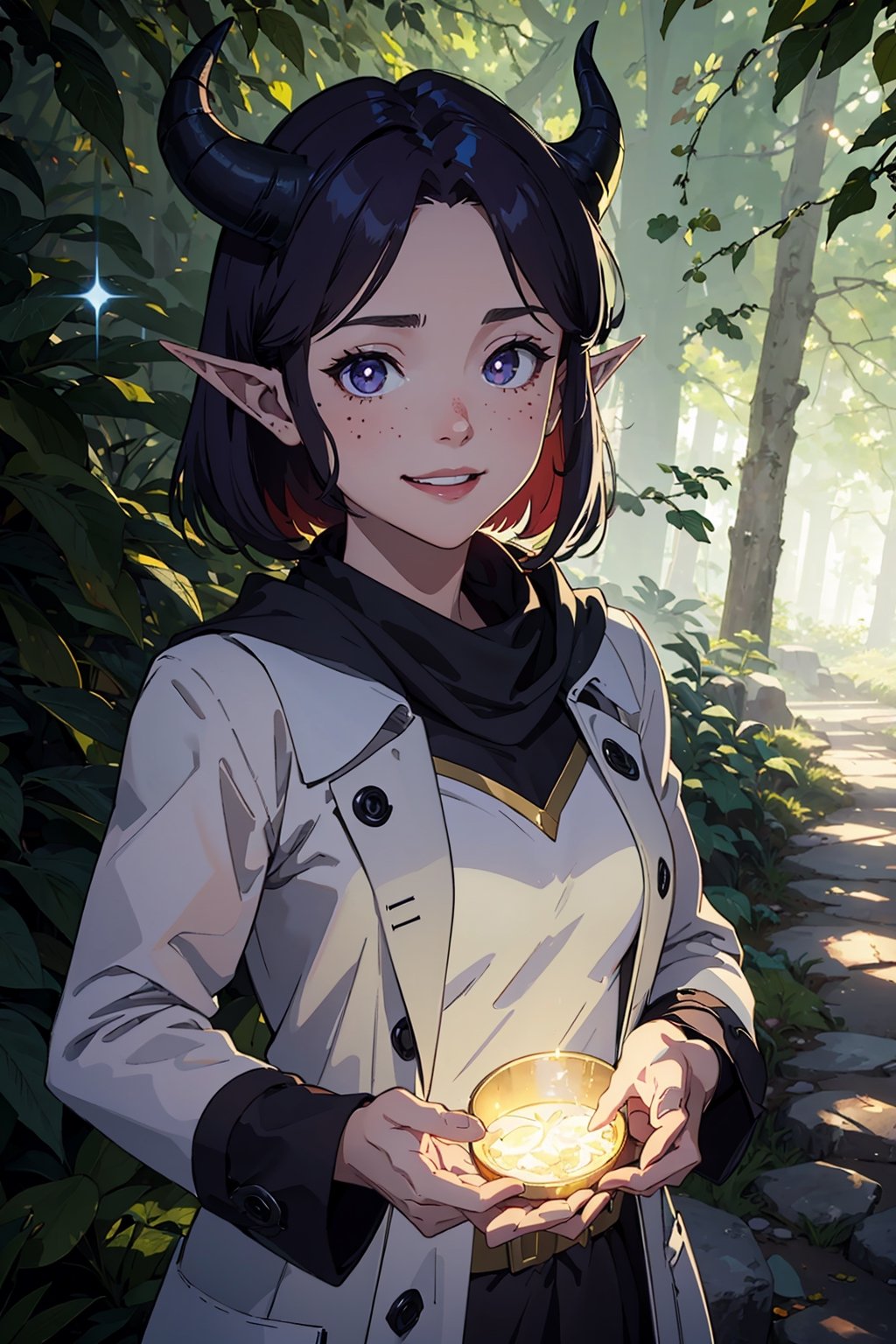 Imagine a female child with short messy vibrant purple hair in a short hair cut. She has small breasts. Her eyes are a bright green, sparkling a hit on magic. She has pointed elf ears. She has two short horns on her head. She has an evil smile on her face that shows she's up to no good. She has warm freckles on her face. She wears a modest outfit with a long green trench coat with lots of pockets. She is practicing magic that sparkles around her. The background is a charming forest path in the enchanted woods with bright lighting, creating a magical ambiance. This artwork captures the essence of mischief and magic against the backdrop of a beautiful setting. detailed, detail_eyes, detailed_hair, detailed_scenario, detailed_hands, detailed_background, vox machina style,vox machina style,Hana1,oha style,paimondef,cuteloli