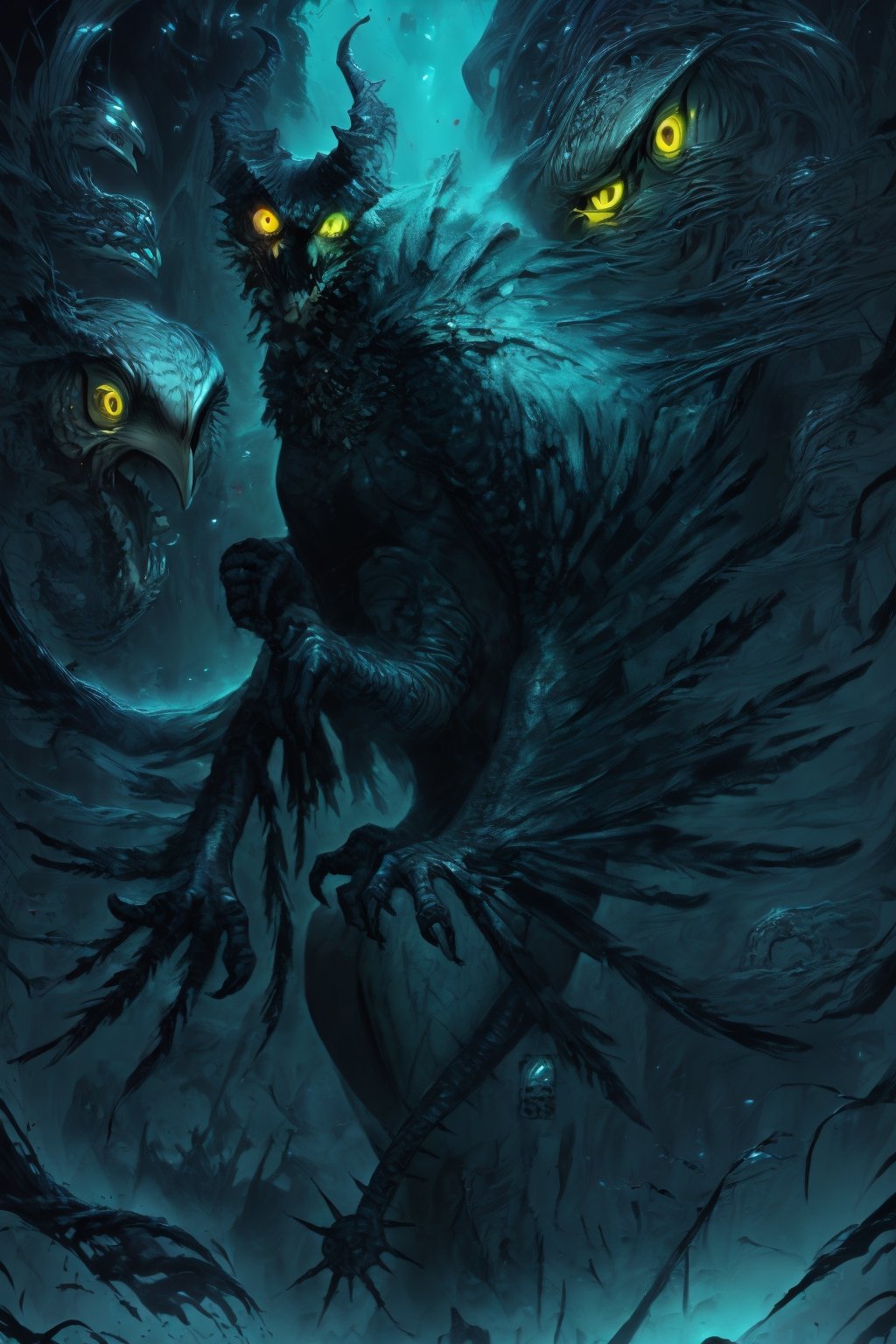 Owl demon, owl, monster, devil, final boss, detailed teeth, claws, detailed eyes, demon lord, lord of darkness, yellow eyes.